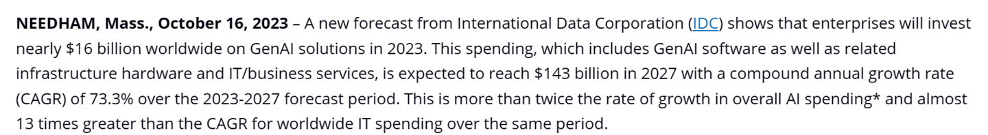 未来五年生成式AI每年支出将增长73%：IDC