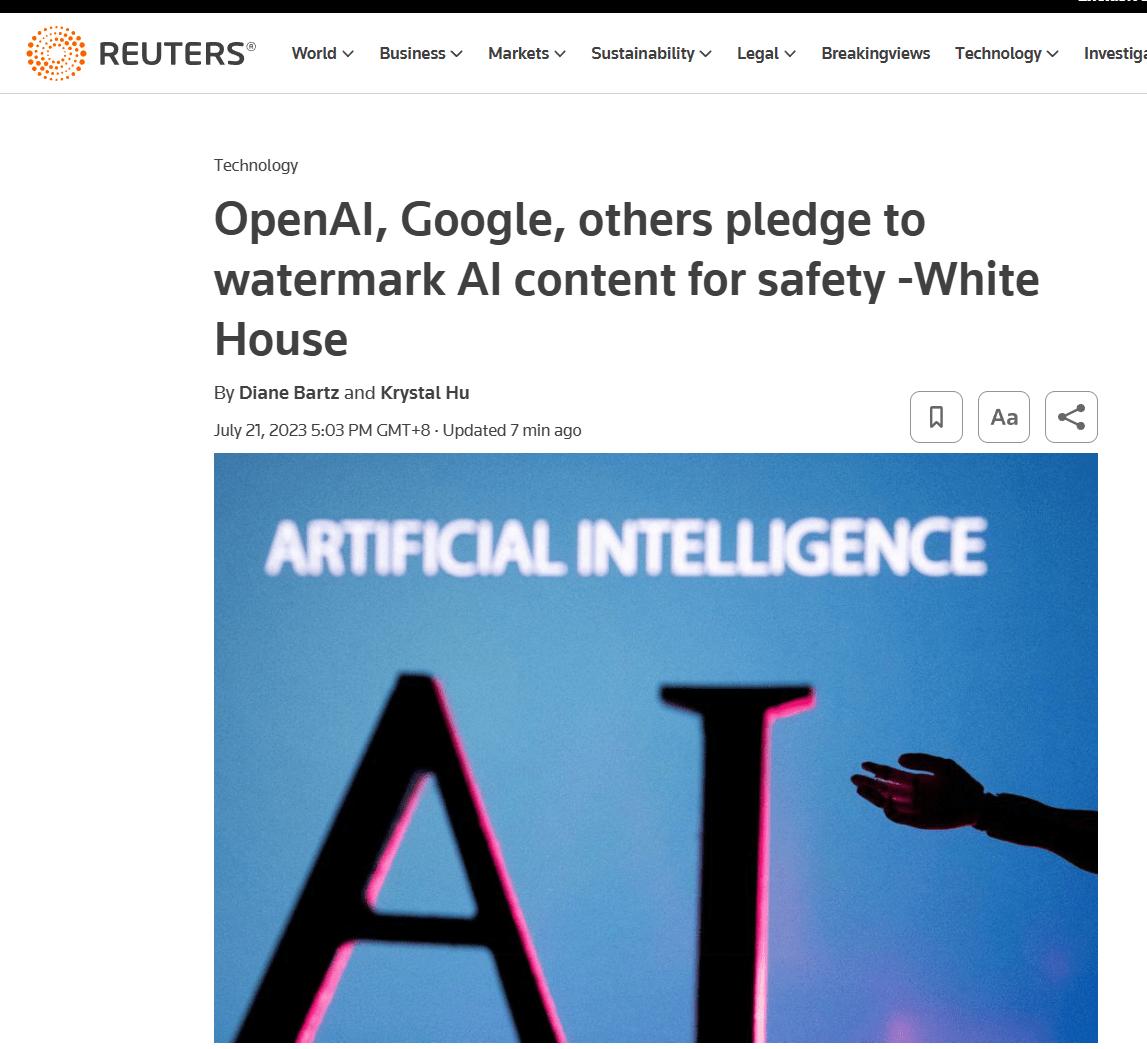 OpenAI、谷歌等七家 AI 头部企业承诺：将为人工智能内容添加水印
