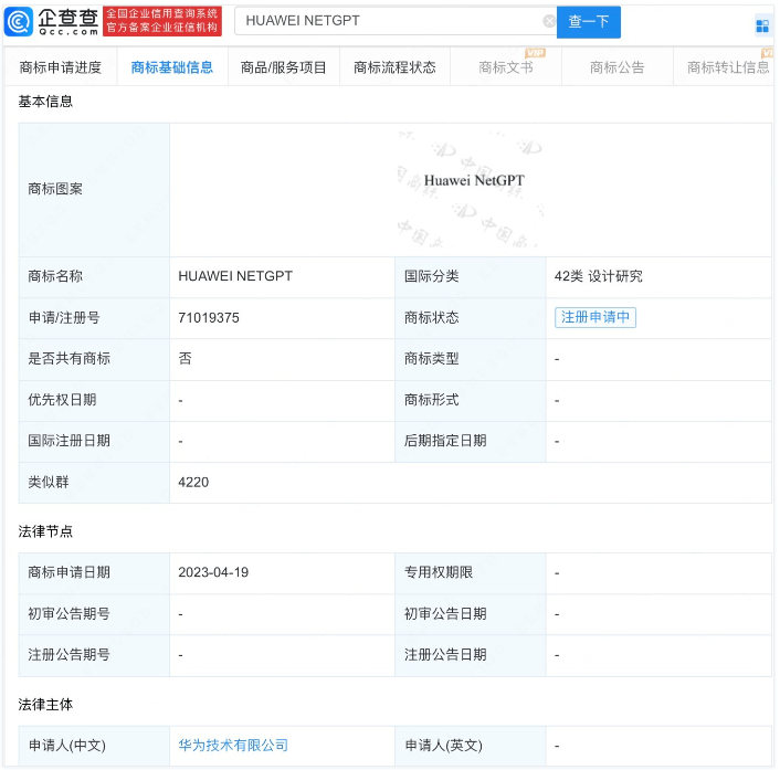 华为GPT相关商标“HUAWEI NETGPT”正在申请注册中