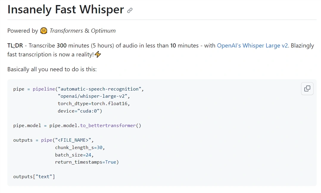 Insanely Fast Whisper：基于OpenAI模型的快速音频转录工具