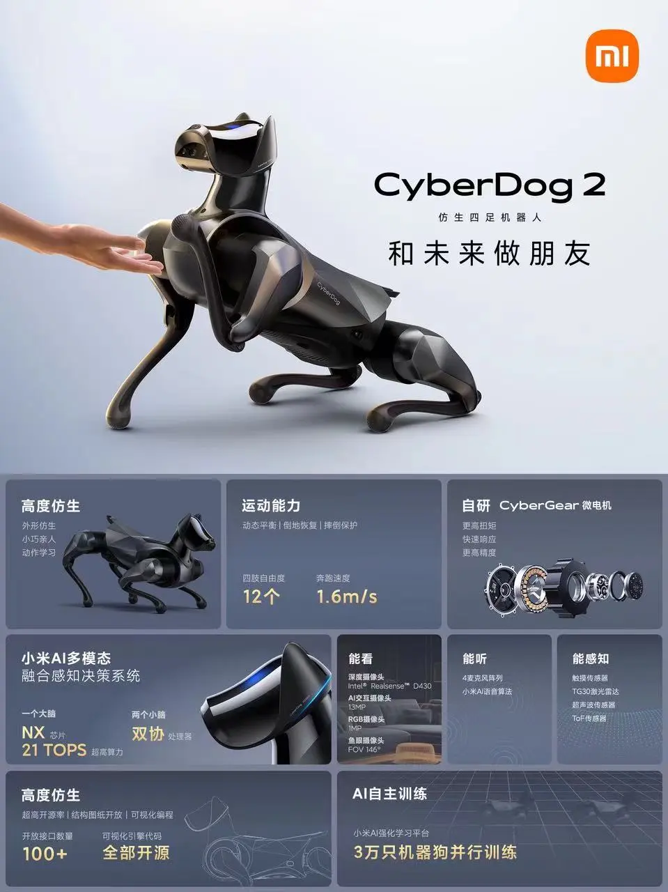 小米发布配备21 TOPS算力AI处理器的仿生四足机器人CyberDog 2