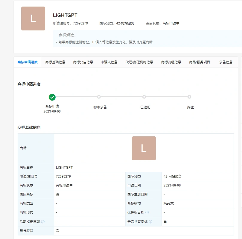 蚂蚁金服旗下公司恒生电子，申请商标LightGPT大模型商标