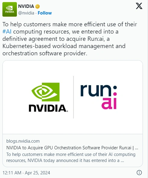 英伟达耗资7亿美元收购Run:ai，加强AI技术领导地位