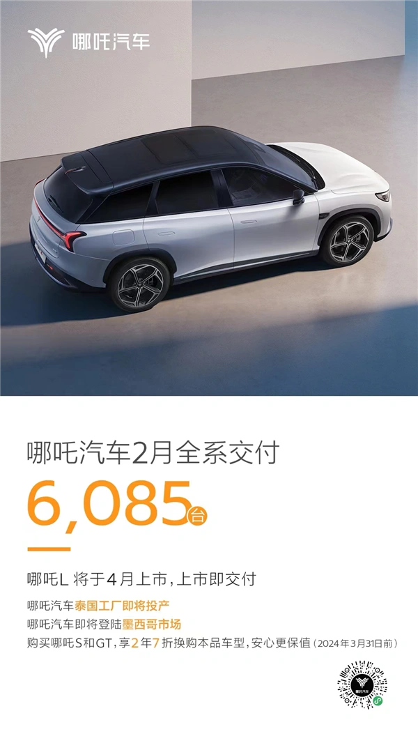 哪吒汽车2月交付量达6085台，累计交付量近40万台，全新搭载360 GPT的哪吒L正式登场