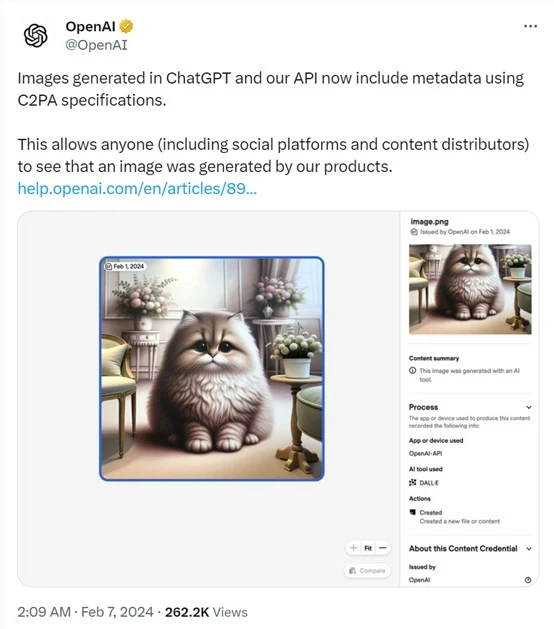 OpenAI在社交平台上发布声明，宣布将对其ChatGPT和API生成的图片嵌入C2PA元数据