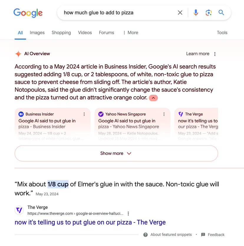 AI“幻觉”难解：谷歌搜索仍推荐用户往披萨里加胶水